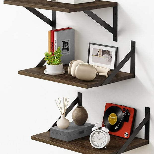 Forbena 12 Inch Deep Floating Shelves for Wall Set of 3, Wooden Wall Bookshelf for Bedroom Books, Rustic Wood Hanging Bookshelves for Bathroom Living Room Office Storage (Dark Brown)