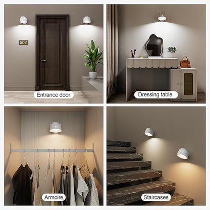 Moobibear Motion Sensor Wall Light Indoor 2Pcs, 3500mAh Rechargeable Battery Operated LED Wall Light, Wall Lamp Wireless with 360 ° Rotation, 3 Color Temperatures for Bedroom, Study, Corridor, Picture