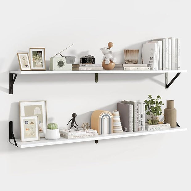 Axeman 48 Inch Floating Shelves | 8 Inch Deep White Wall Shelves Set of 2 | 47.3" W x 8" D Rustic White Wood Shelves for Bathroom Kitchen Living Room