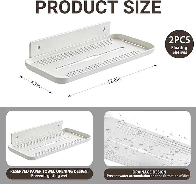 Adhesive Floating Shelves No Drill Floating Shelf for Wall Storage Damage-Free Wall Mounted Organizer for Bathroom, Kitchen, Bedroom & Office (White, 2 PCS)