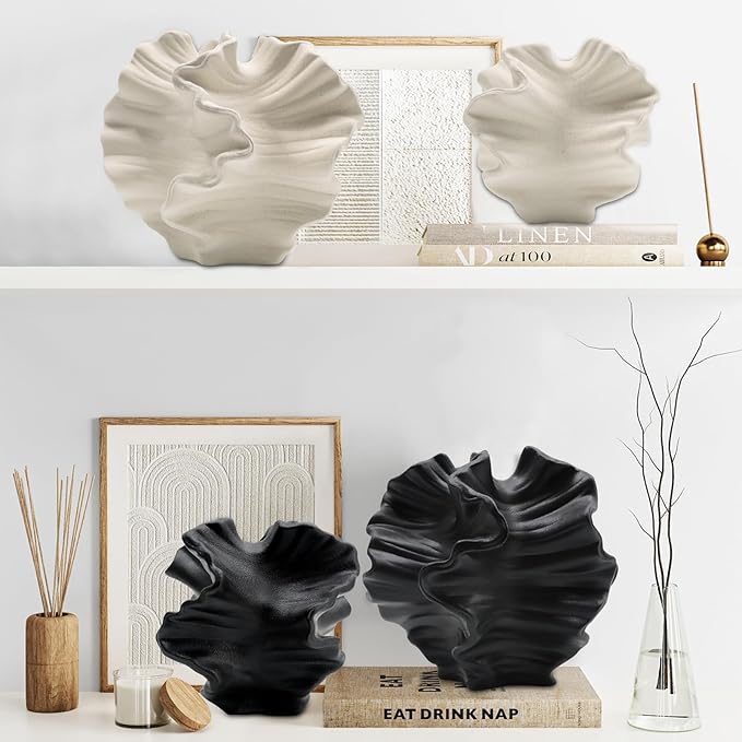 Ceramic Vase - Set of 2 for Home Decor,Black Flower Shape Pampas Vases Minimalist Nordic Boho Style for Modern Farmhouse Decor, Living Room、 Kitchen、Mantle、Bedroom、Dining Table、Office