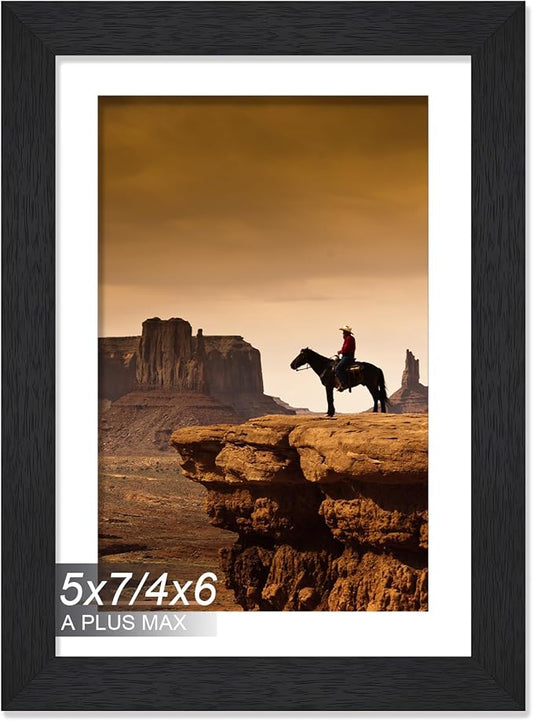 A PLUS MAX 5x7 Picture Frame, Engineered Wood Frame Display Photo 4x6 with Mat or 5 x 7 without Mat, 5 by 7 Frame with Black Wood Grain for Wall - 1 Pack/Black/5"x7"