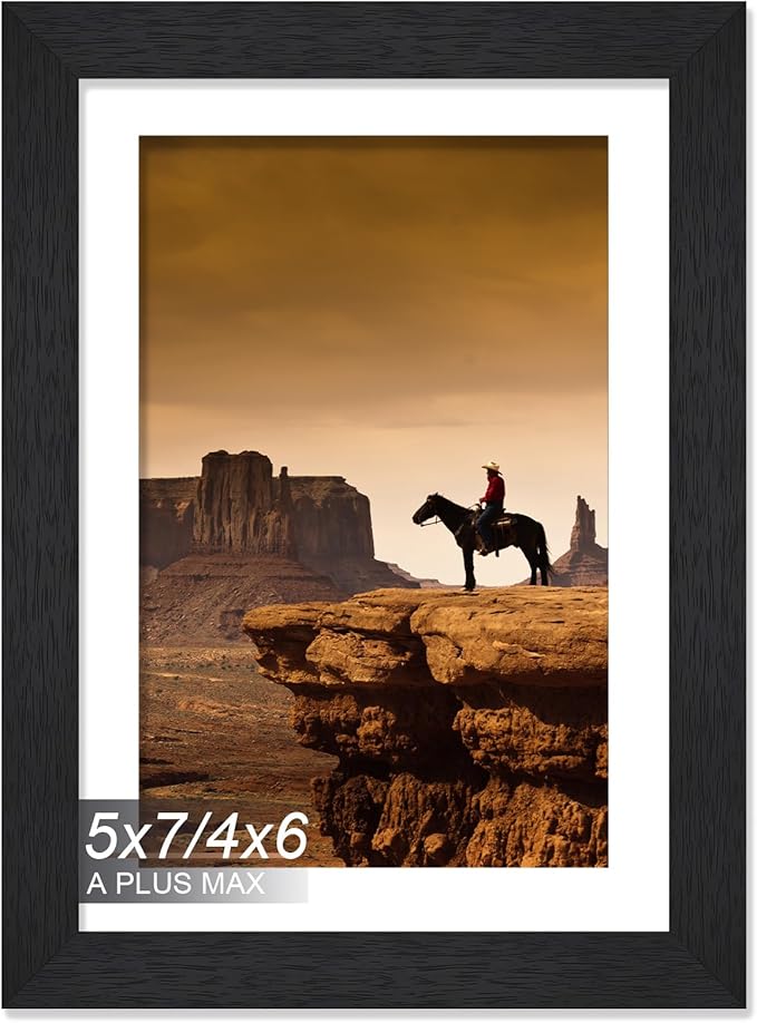 A PLUS MAX 5x7 Picture Frame, Engineered Wood Frame Display Photo 4x6 with Mat or 5 x 7 without Mat, 5 by 7 Frame with Black Wood Grain for Wall - 1 Pack/Black/5"x7"