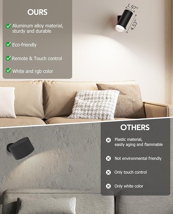 LED Wall Sconces, Battery Wall Sconces Set of Two with Rechargeable Battery Operated 12RGB and 3CCT Dimmable Wireless Magnetic Lights, for Bedroom Bedside Reading Living Room Picture
