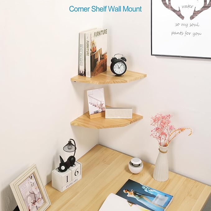 Wood Corner Wall Shelves Set of 2, Solid Wood Corner Floating Shelves, Round End Wall Mounted Floating Corner Shelf for Bedroom, Living Room and Kitchen (10 inch)