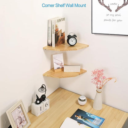 Wood Corner Wall Shelves Set of 2, Solid Wood Corner Floating Shelves, Round End Wall Mounted Floating Corner Shelf for Bedroom, Living Room and Kitchen (12 inch)