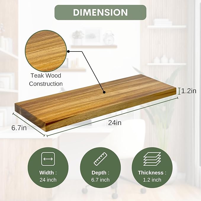 Teak Wood Floating Shelves Perfect for Bathroom Décor Pack of 2 Wooden Wall Shelves for Bedroom Living Room Kitchen Simple Minimalist Home Décor 24” x 6.7