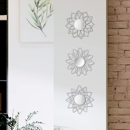 Silver Mirrors for Wall, 9 inch Metal Flower Mirrors Home Valentine Decoration, Valentine Wall Art Decorative Mirror Small Mirror for Living Room Bedroom, Entrance Set of 3