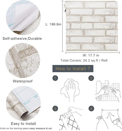 Timeet Brick Wallpaper Brick Peel and Stick Wallpaper Self Adhesive Brick Contact Paper Faux Brick Wallpaper Removable Wall Paper for Bedroom Laundry Room Accent Walls 17.7"×197"