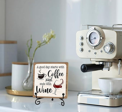 Coffee And Wine Desk Decor Sign, Rustic Wooden Sign With Stand, A Good Day Starts With Coffee And Ends With Wine Sign For Farmhouse Home Kitchen Bar Shelf Table, Gifts For Family Friend Coworker-05