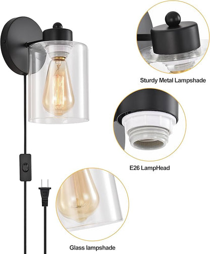 Metal Sconces Wall Lighting with Clear Glass Shade,Bathroom Black Vanity Light Matte Black Wall Sconce, Matte Black Vanity Lights for Bathroom, Modern Wall Light Fixtures