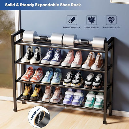 Abiglifty 4-Tier Expandable Shoe Rack,17"-33" Adjustable Shoe Rack for Closet,Metal Shoes Shelves for Front Door Entrance, Garage & Corridor, Free Standing Shoe Holders, Easy to Assemble,Black