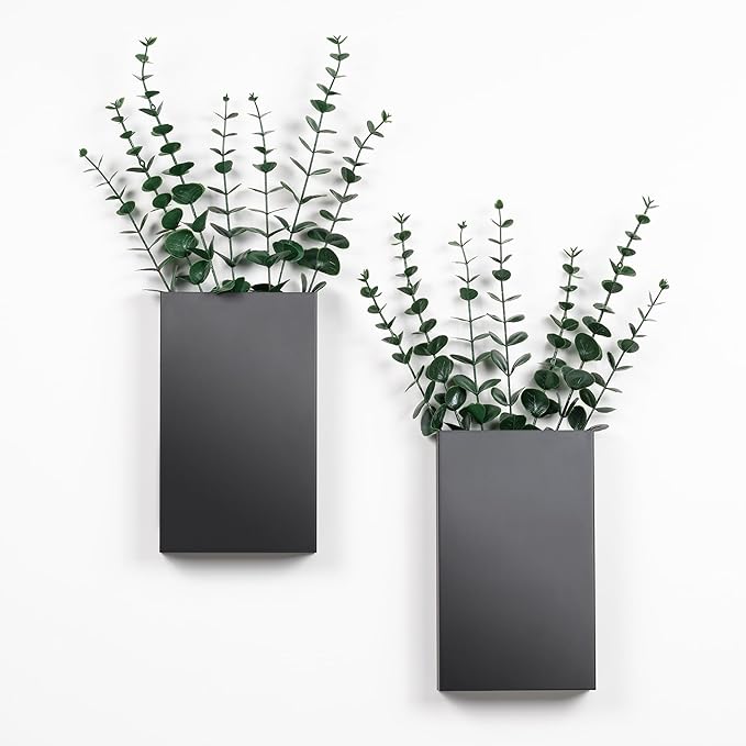 2 Pack Metal Wall Planter Vases Decor with Artificial Eucalyptus, Modern Farmhouse Rustic Hanging Pocket Planters for Indoor Greenery and Flowers, Living Room Bedroom Kitchen and Stairway Decoration