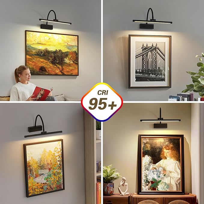JOOSENLUX Wireless Picture Light - Battery Operated Black Wall Light with Remote Control - Dimmable Timer - 15.94” Display - Flexible Neck Swing Arm - Art Gallery Light