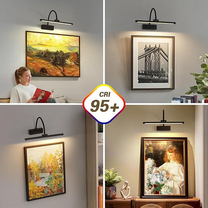 JOOSENLUX Wireless Picture Light - Battery Operated Black Wall Light with Remote Control - Dimmable Timer - 15.94” Display - Flexible Neck Swing Arm - Art Gallery Light