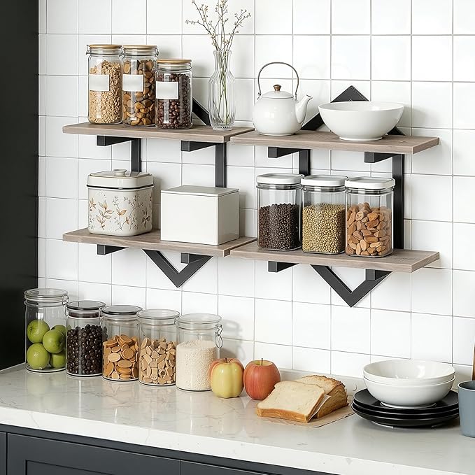 HOOBRO Floating Shelves, 15 Inch Wall Shelf Set of 2, Wall Mounted Storage Shelves 2-Tier, Hanging Bathroom Shelves, for Living Room, Bedroom, Bathroom, Kitchen, Greige and Black BG13BJP201