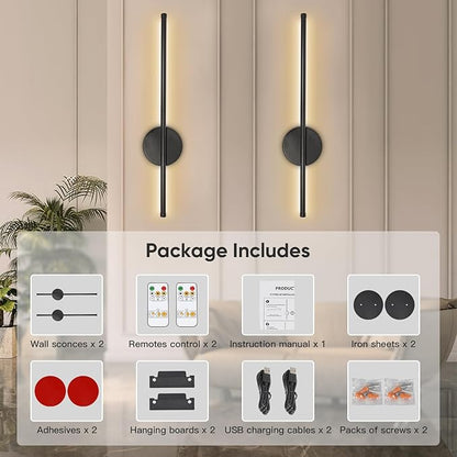 Battery Operated Wall Sconces, Wireless Rechargeable Wall Sconces Black with Remote Control Dimmable, Cordless Wall Light Decor for Living Room, Bathroom, Hallway, Timing, 24 Inch 1 Pack