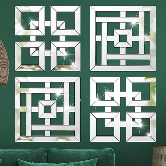 Geelin 4 Pcs Silver Mirrors Wall Decor 1.2 Inch Thick Wall Mount Decorative Square Mirrors 12 x 12 Inch Silver Art Mirrored DIY Modern Mounted Accent for Home Living Room Bedroom Farmhouse Decor