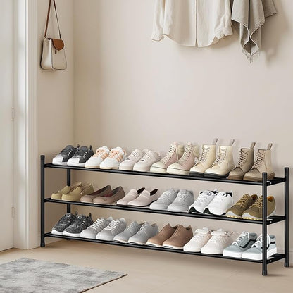 STORAGE MANIAC Long Expandable Shoe Rack, 18 Pairs Metal Wide Stackable Shoe Rack, Adjustable Shoes Shelf, Freestanding Shoes Organizer for Closet, Entryway, Hallway, Garage, Front Door, 3 Tiers
