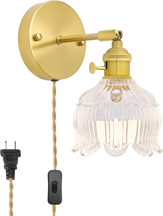 Plug in Wall Sconces,Plug in Wall Lamp, Vintage Wall Light with Clear Tulip Glass Lampshade, 3-Way Dimmable with Dual Switches, No Wiring Needed for Bedroom Wall Decor and Hallway