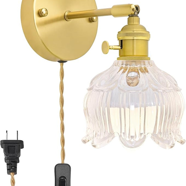 Plug in Wall Sconces,Plug in Wall Lamp, Vintage Wall Light with Clear Tulip Glass Lampshade, 3-Way Dimmable with Dual Switches, No Wiring Needed for Bedroom Wall Decor and Hallway