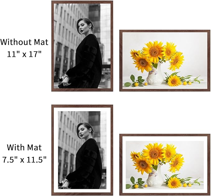 puthiac 11x17 Solid Oak Wood Picture Frame, Fits 8x12 with Mat or 11x17 Without Mat, Wall Display Only, Vertical or Horizontal, Plexi Front, 1 Pack, Walnut