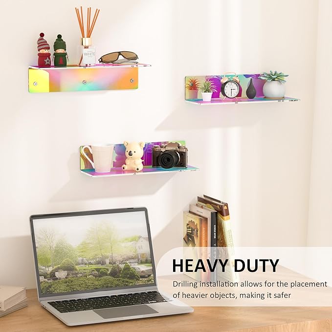 12 Inches Iridescent Wall Shelves, Moisture-Proof, Acrylic Bathroom Wall Shelves, Clear Floating Shelves for Bathroom, Bedroom, Living Room, Retail, 2 Pack
