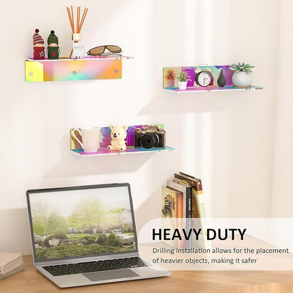 12 Inches Iridescent Wall Shelves, Moisture-Proof, Acrylic Bathroom Wall Shelves, Clear Floating Shelves for Bathroom, Bedroom, Living Room, Retail, 2 Pack