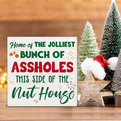 Funny Christmas Decor, Christmas Home Decorations, Home of the Jolliest Wooden Sign Rustic Home Shelf Office Decor 5 x 5 Inches
