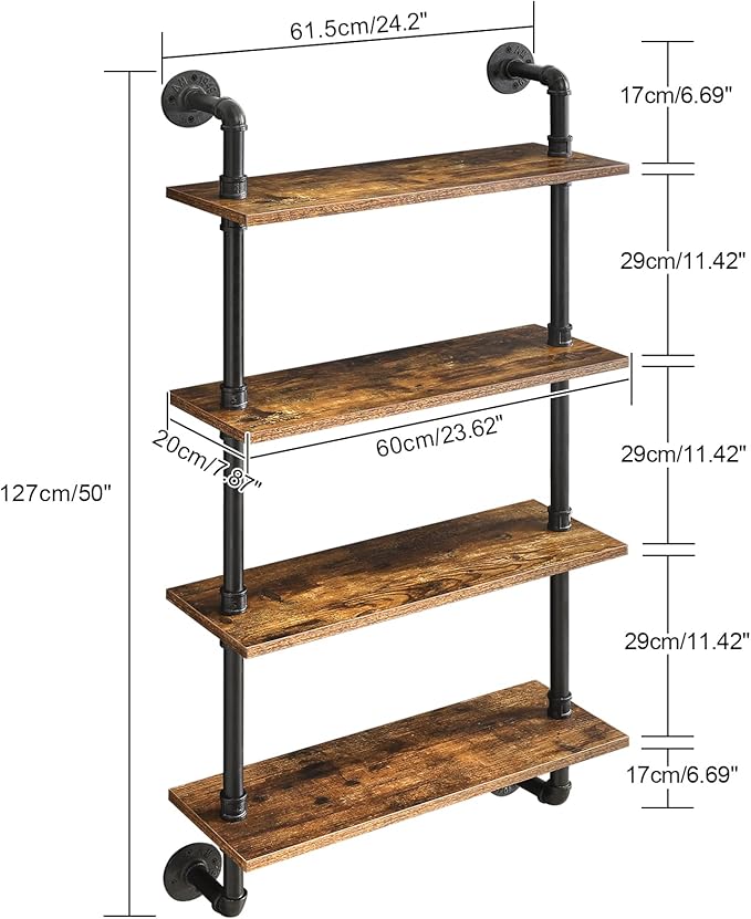 YMYNY Industrial Pipe Shelf Bracket, 4 Tiers Retro Wall Mounted Floating Shelf, Wood DIY Bookshelf, Storage Shelves for Living Room, Bedroom, Office, 24
