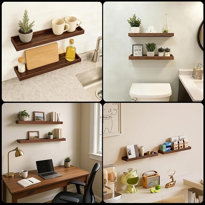 Floating Shelves for Wall, Wooden Wall Shelves for Bedroom Living Room Kitchen, Modern and Rustic Bathroom Shelves with Raised Lip, Decor Floating Shelf for Storage (Walnut-Like,2 Set,23.6 in)