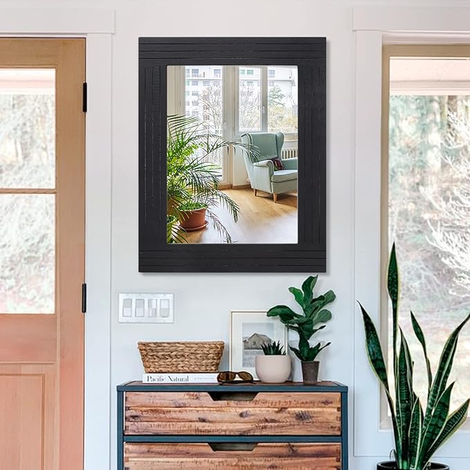 Black Rectangular Vintage Rustic Wood Framed Large Mirror - Deco Farmhouse Living Room Bathroom Bedroom Entrance - 26