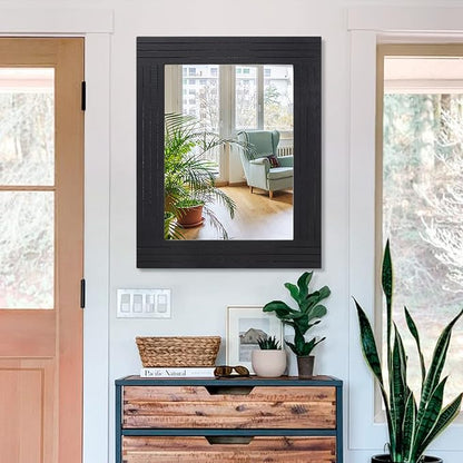 Black Rectangular Vintage Rustic Wood Framed Large Mirror - Deco Farmhouse Living Room Bathroom Bedroom Entrance - 26" x 18"