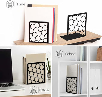 GEOMOD Geometric Honeycomb Black Metal Bookends Decorative - Tall Sturdy Book Ends for Shelves - Modern Heavy Duty Bookend Stopper - Office or Home Book Shelf Book Holder - 6x3.25x6.25 Inches - 1 Pair