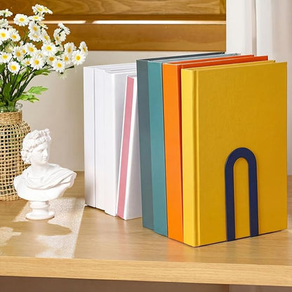 Chunful 6 Pcs Modern Metal Book Ends for Shelves Decorative Small Bookends Book Shelf Organizer Minimalist Design Stopper to Hold Books for Home Office (Blue,5.5 * 3.75 * 2.25inch)