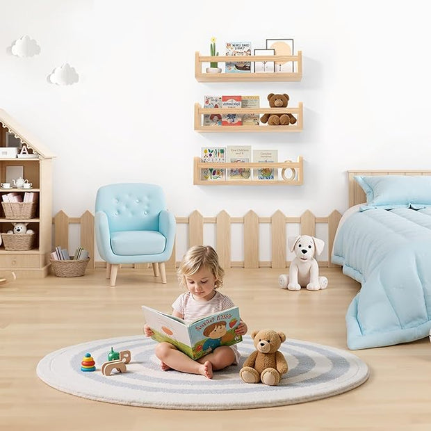 Floating Wall Nursery Book Shelves for Bedrooms Kids 16.5 Inch Natural Color Wooden Baby Book Shelf for Kids Rooms Set of 3 Nursery Shelves for Wall Mounted Toddler Bookshelf