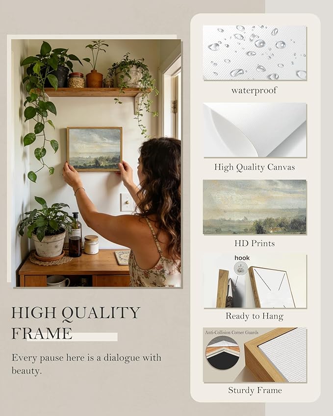 SHENIFY 8x10in Retro Rustic Village Framed Canvas Wall Art Vintage Prints Modern Kitchen Bathroom Office Decor - Natural Framed