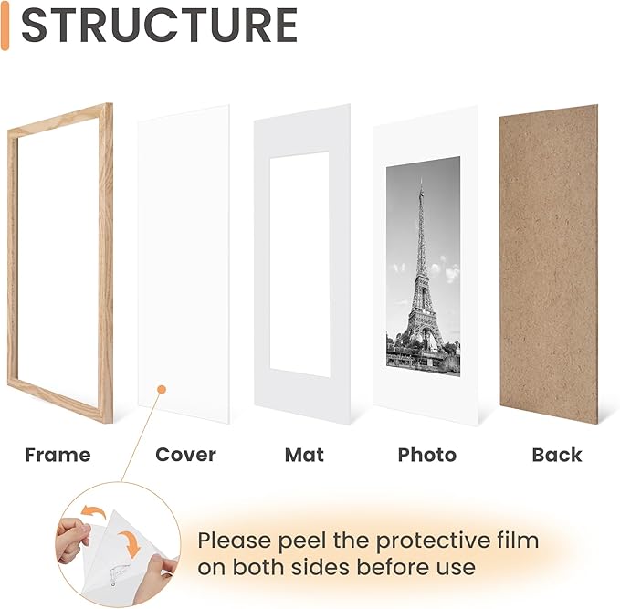 upsimples 12x16 Picture Frame Set of 5, Display Pictures 8.5x11 with Mat or 12 x 16 Without, Wall Gallery Poster Frames, Natural