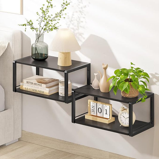 Floating Nightstand Set of 2, Wood Bedside Shelf Wall Mounted Nightstand with Heavy-Duty Frame, Floating Bedside Table for Bedroom, Living Room, Bathroom, Kitchen, (Vintage Black, 2 Pack)