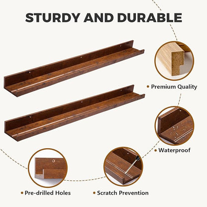 Muzilife 45.3" Large Floating Wall Ledge Shelves with Lip - Set of 2 Rustic Wood Floating Shelves - Honey Brown Wall Mounted Picture Ledge for Office, Bathroom, Bedroom, Living Room, Kitchen