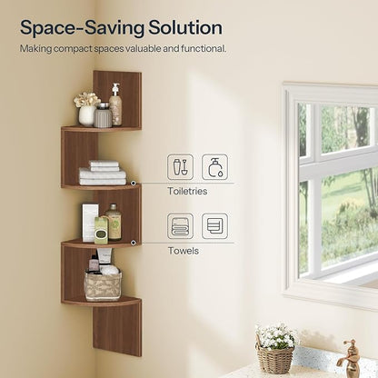 HOOBRO Corner Shelf Wall-Mounted, Set of 2 Floating Corner Shelves for Wall, 4-Tier Corner Bookshelves for Living Room, Bedroom, Bathroom, Home Office, Walnut WL25BJP201