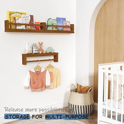 Floating Nursery Book Shelves Wall Mounted, Wooden Wall Bookshelf for Kids Room, Dark Wood Hanging Book Shelf for Baby Toddler Childrens Bedroom (24 Inch, Walnut Brown, Set of 3)
