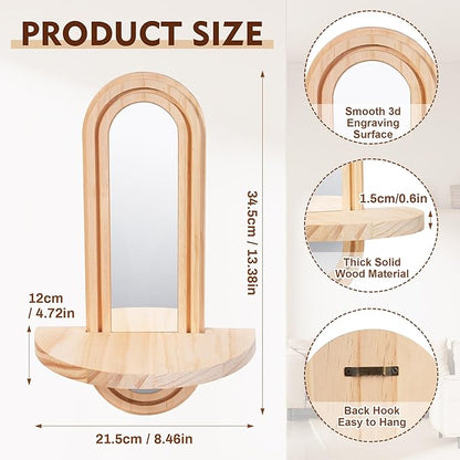Wooden Wall Floating Shelves, 2PC Boho Arched Wall Shelf,Decorative Mounted Display Shelf with Acrylic Frameless Mirror, Nature Wood Shelves for Home Holding Planter Decoration