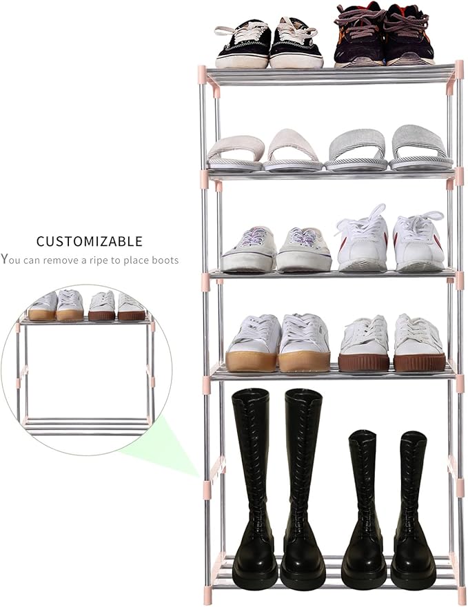 Stackable Small Shoe Rack, Entryway, Hallway and Closet Space Saving Storage and Organization (3-Tier, Pink)