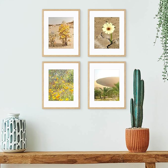 11x14 Picture Frame Set of 4, Displays 8x10 with Mat or 11x14 Without Mat, Photo Frames for Wall Hanging or Tabletop, Includes HD Plexiglass, Light Wood Grain
