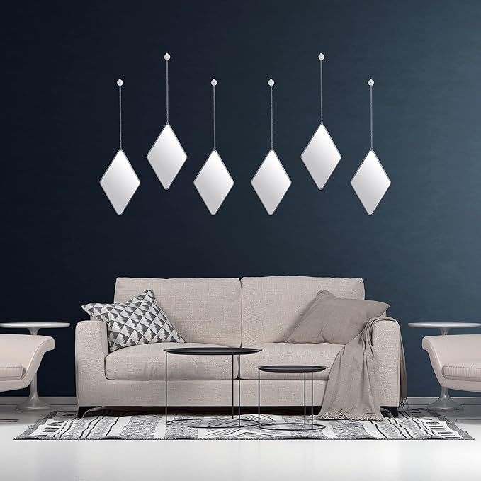 6 Pack Mirror Wall Decor Set with 2 Screwdriver Diamond Hanging Wall Mirror with Chain Silver Frame Decorative Chain Mirror for Home Living Room Entryways Bathroom Farmhouse Wall Decor, 10.8x6.7inches