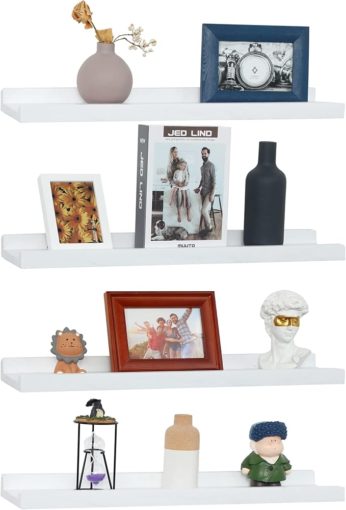 Long Floating Shelves With Lip,Picture Ledge Shelves Set of 4,Rustic Photo Frames Storage Display Shelves Wall Mounted for Living Room Bedroom Kitchen Kids Nursery,Home Decor (White, 24 Inch)
