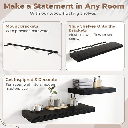 48 Inch Long Floating Shelves for Wall Set of 2, 12"D Wood Grain Bathroom Shelves with Invisible Brackets, Easy Install Engineered Wood Storage Shelves for Kitchen, Living Room, Bedroom, Black Finish