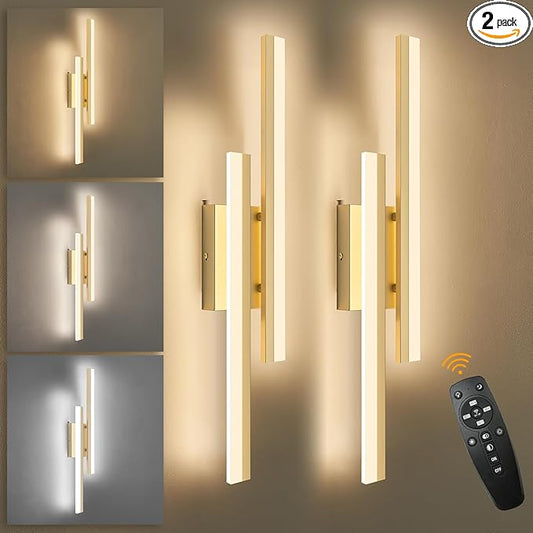 LED Wall Sconce Set of 2 Gold Remote Modern LED Vanity Lights Set of 2 Indoor Wall Light Fixtures for Living Room, Dimmable Wall Sconce for Bedside Bedroom Bathroom, 23.6inch 2 Pack
