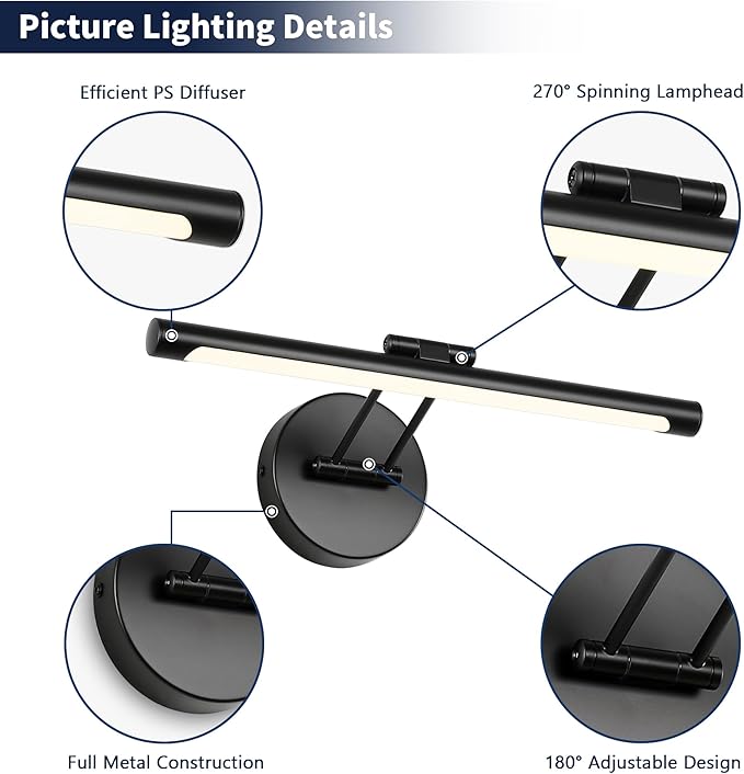 JUSHENG Dimmable Picture Lights Hardwired LED Painting Light Black Gallery Wall Light Art Lighting for Portrait Artwork Canvas 15.74 inch 7W 110V AC